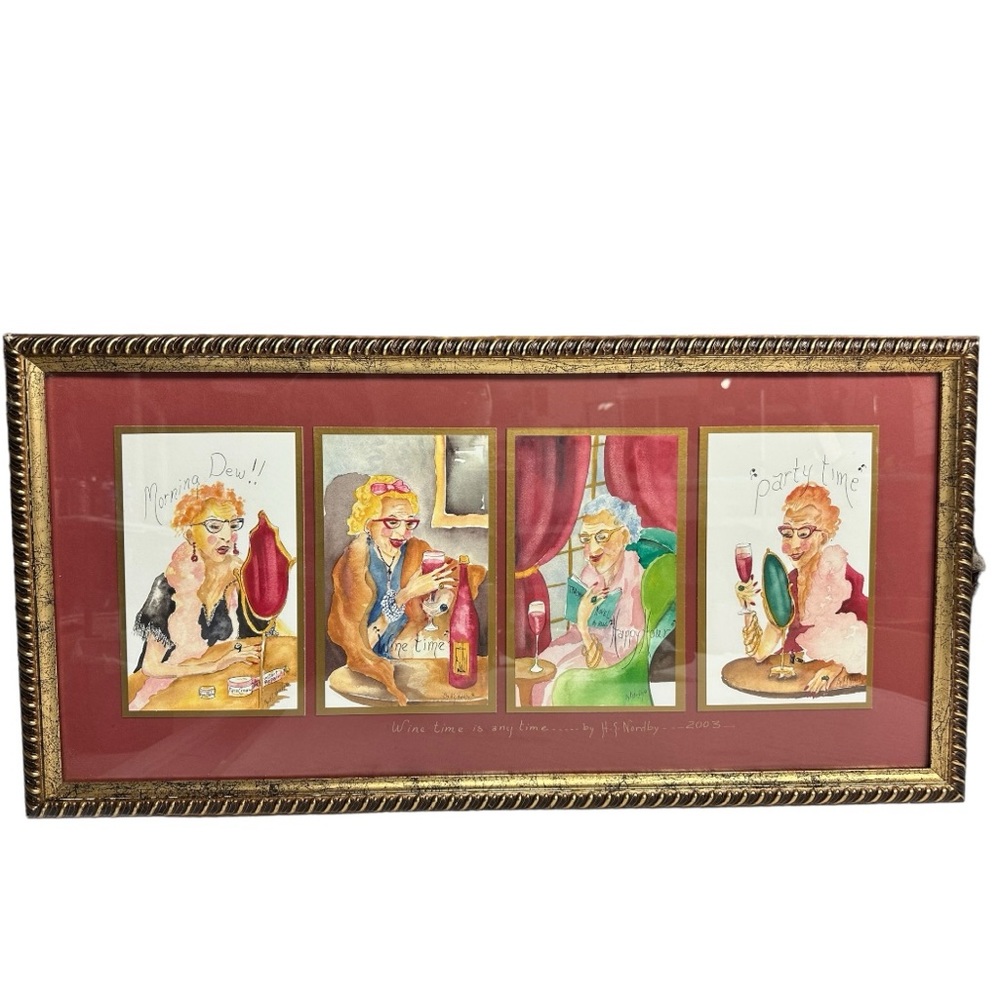 Wine Time‎ Is Anytime by H.S. Nordby 2003 4 Watercolor Prints Mounted & Framed